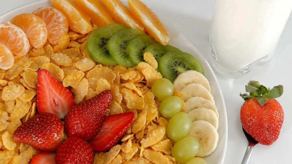 Vibrant Healthy Lunch Wallpaper: Corn Flakes, Fresh Fruits & Milk