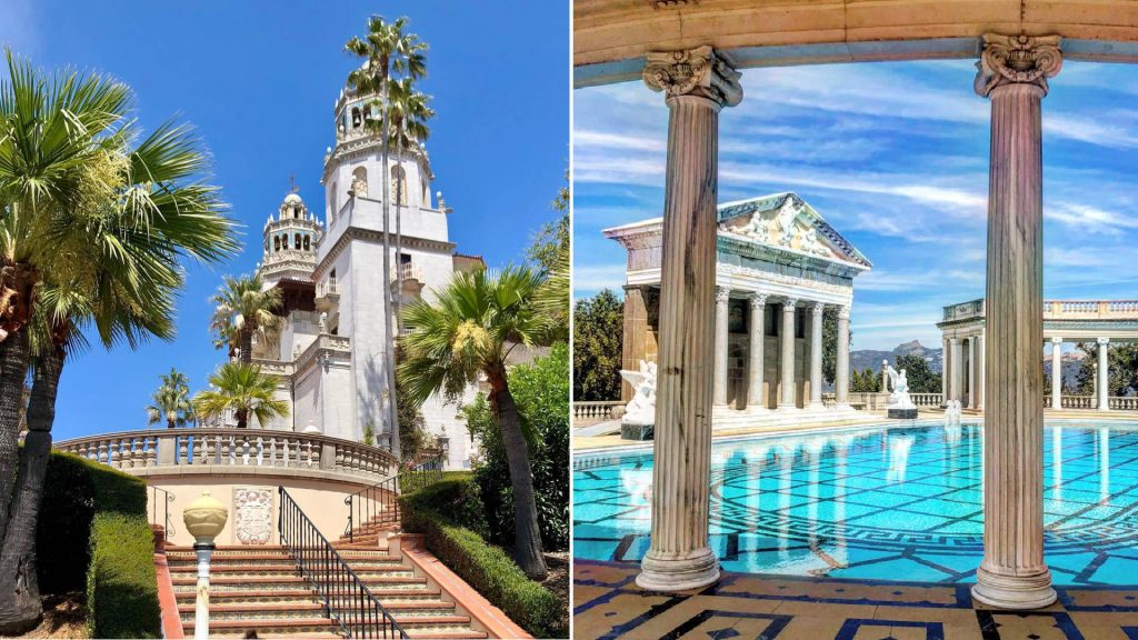 Hearst Castle Attractions Wallpaper vibrant collage Spanish architecture Neptune Pool bright waters