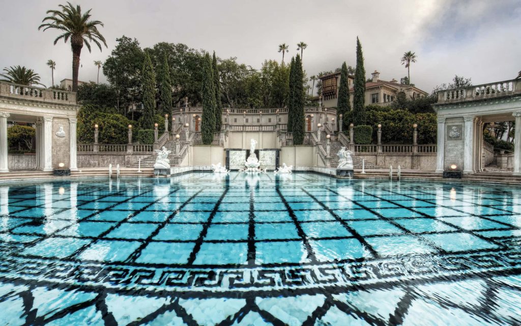 Hearst Castle Neptune Pool with blue grid tiles classical architecture and Mediterranean gardens Wallpaper