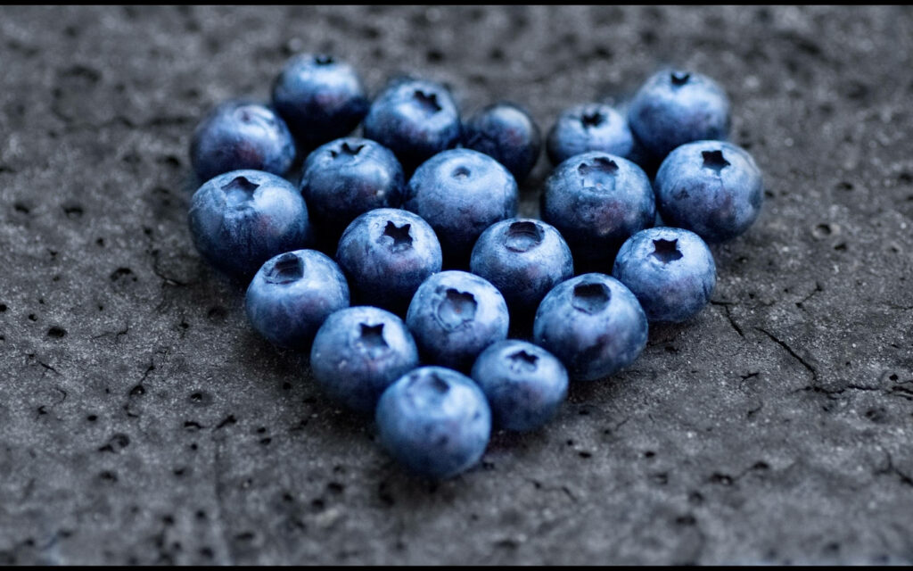 Blueberries arranged in heart shape on dark textured surface creative wallpaper background