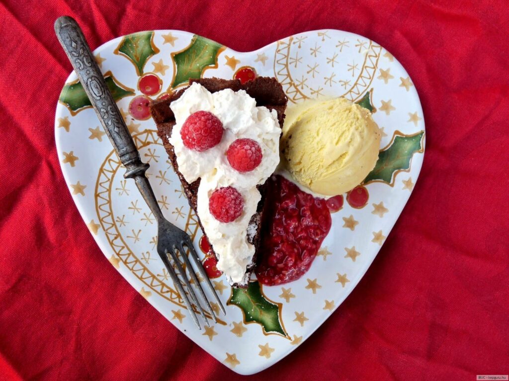 Heart-Shaped Dessert: Chocolate Cake with Whipped Cream & Raspberries Wallpaper