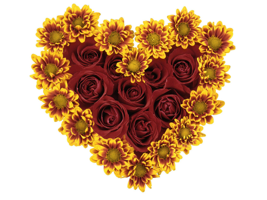 Heart-Shaped Red Roses & Golden-Yellow Flowers Romantic Background Wallpaper