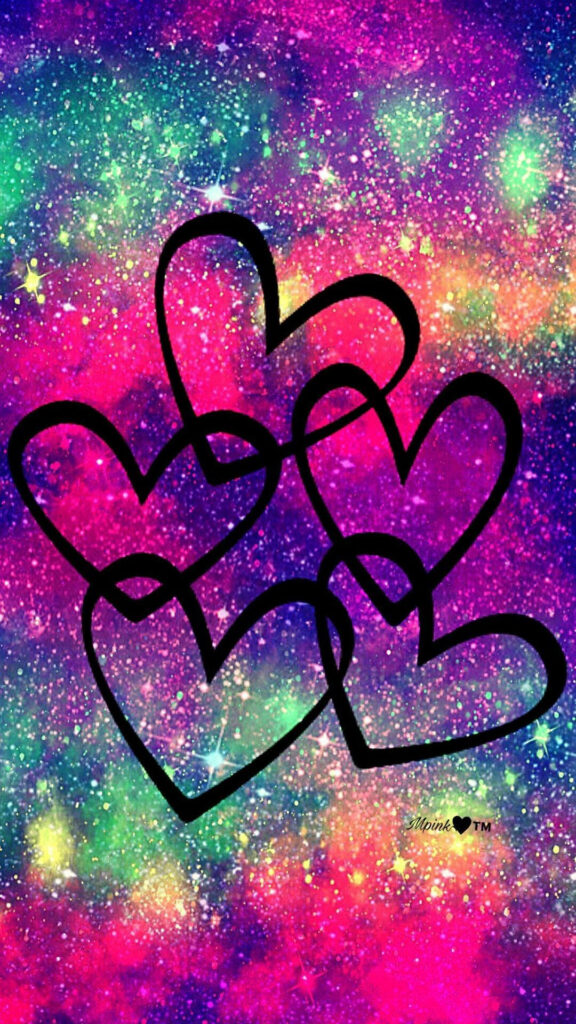 Three black outlined hearts glow neon pink blue yellow on vibrant starry galaxy lock screen wallpaper