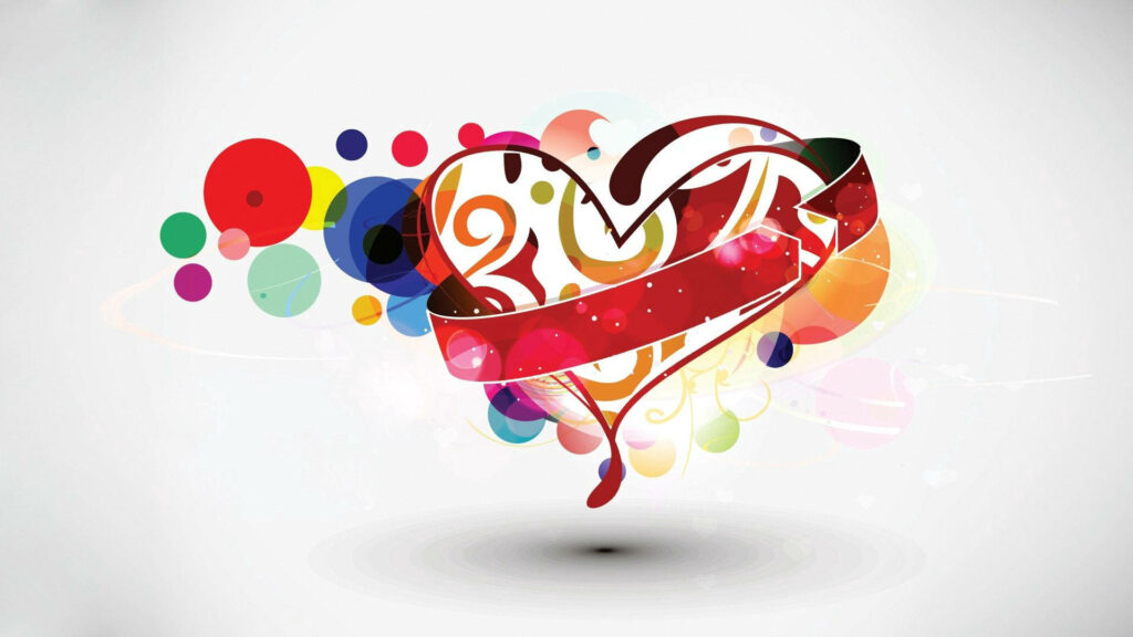 Vibrant digital wallpaper featuring a stylized red ribbon heart and colorful circles on white background