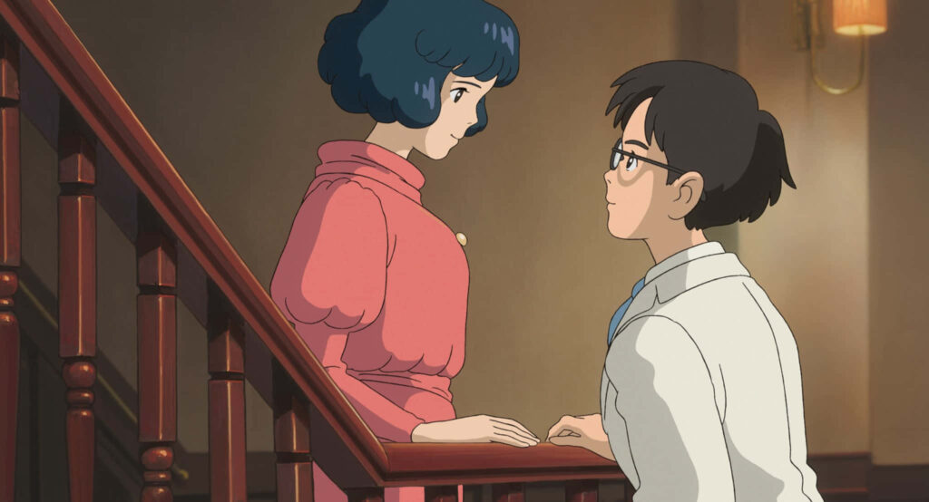 Heartfelt Moment on Staircase - *The Wind Rises* Wallpaper Art