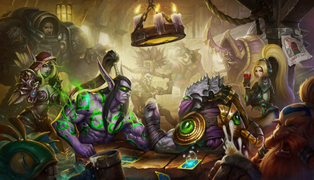 Hearthstone Demon Hunter Wallpaper: Epic Tavern Arm-Wrestling Scene