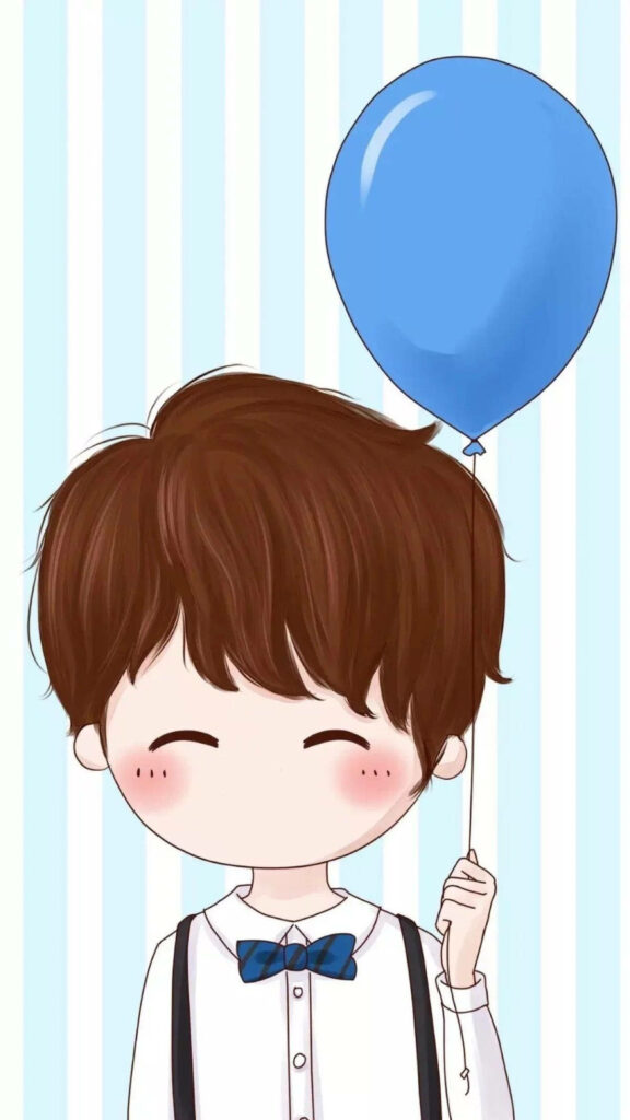 Blushing Lovebirds Amidst Striped Blue Bliss - Adorable Chibi Doodle of a Boy Holding a Blue Balloon Wallpaper