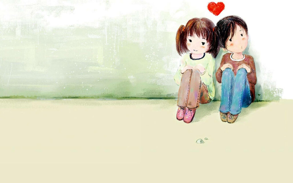 Lovebirds Embracing on a Cartoon Love-Infused Landscape Wallpaper