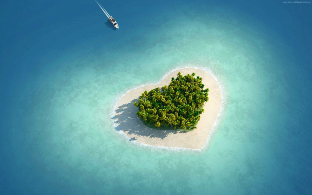 Picture Perfect Paradise: A Captivating Heart-shaped Island Embraced by Crystal-Clear Azure Waters - Romance Infused Full HD Background Image Wallpaper