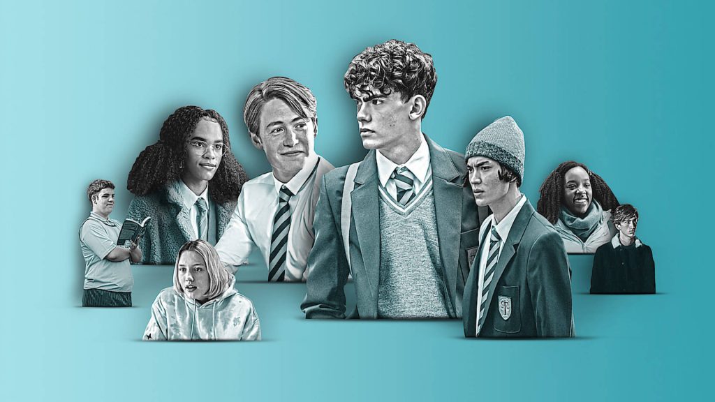 Heartstopper Netflix wallpaper Joe Locke Kit Connor grayscale cutouts cyan gradient background
