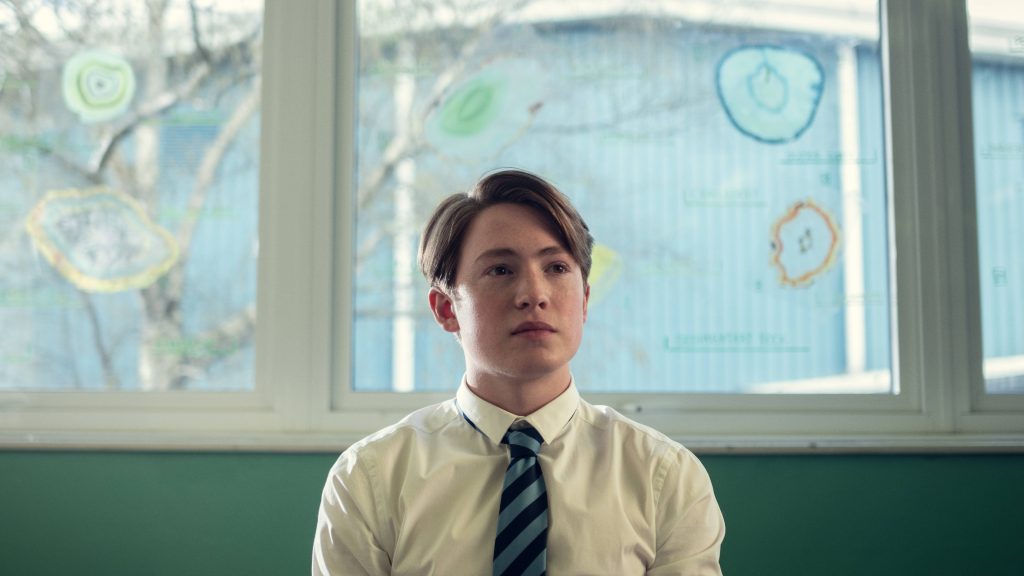 Heartstopper wallpaper featuring Kit Connor as Nick Nelson in classroom with window and science drawings
