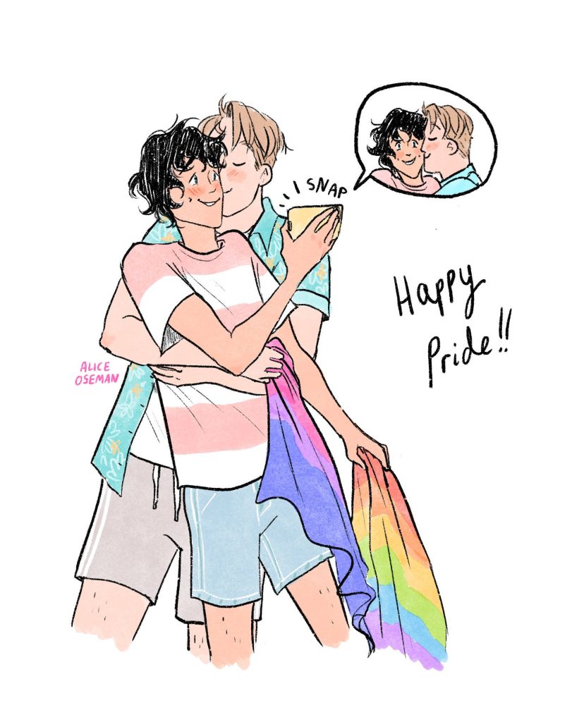 Heartstopper Pride wallpaper Nick and Charlie hugging with rainbow flag and trans pride shirt