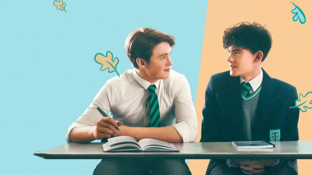 Heartstopper Nick Nelson and Charlie Spring sharing a gaze with blue yellow leaf doodle wallpaper