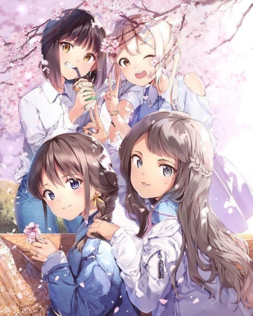 Cheerful Anime Girls Under Cherry Blossoms - Heartwarming Wallpaper