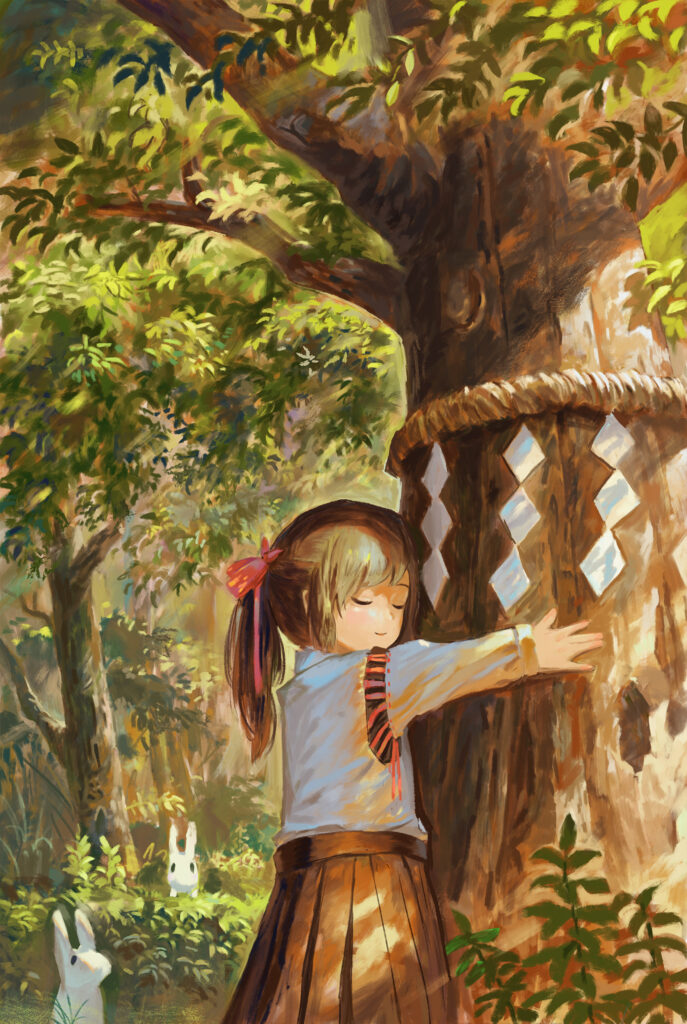 Serene Anime Wallpaper: Girl Embracing Ancient Tree in Lush Forest