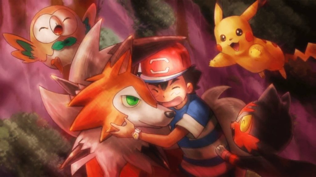 Ash Ketchum hugging Dusk Form Lycanroc with Pikachu Rowlet and Litten colorful Pokémon wallpaper