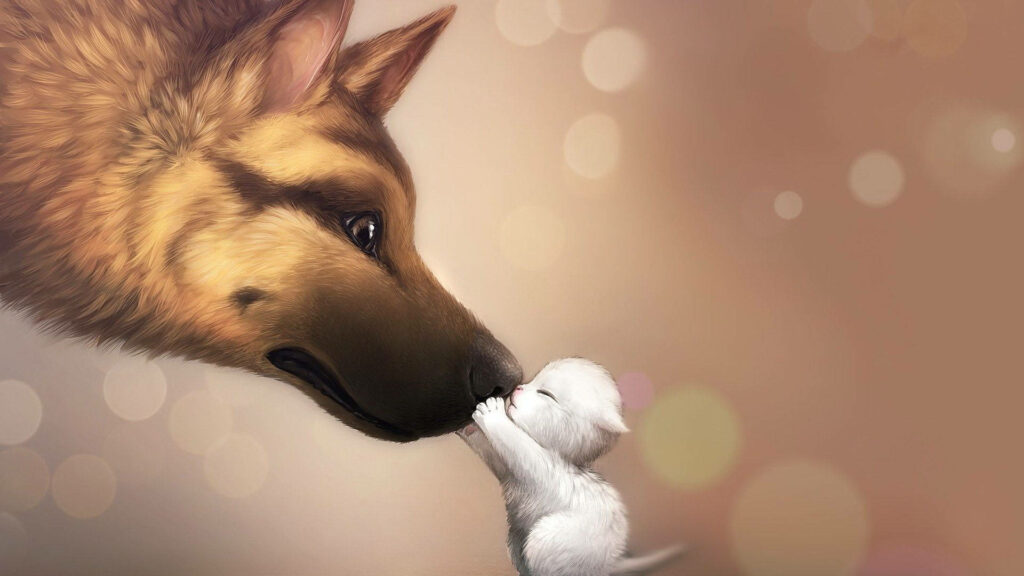 Heartwarming Dog and Cat Scene Wallpaper with Soft Bokeh Background