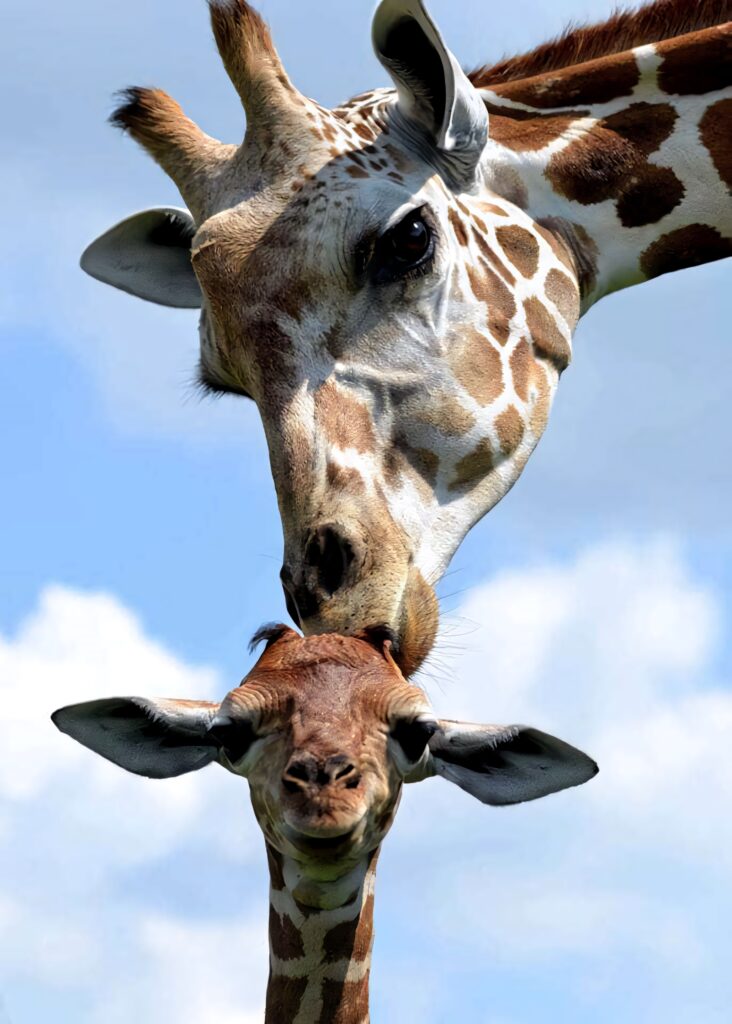 Heartwarming Giraffe Wallpaper: Tender Moments Under Blue Sky