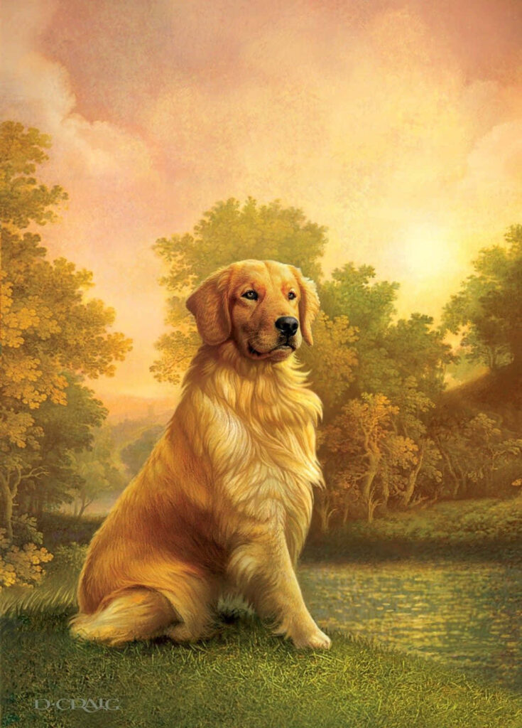 Heartwarming Golden Retriever Wallpaper with Serene Sunset Landscape