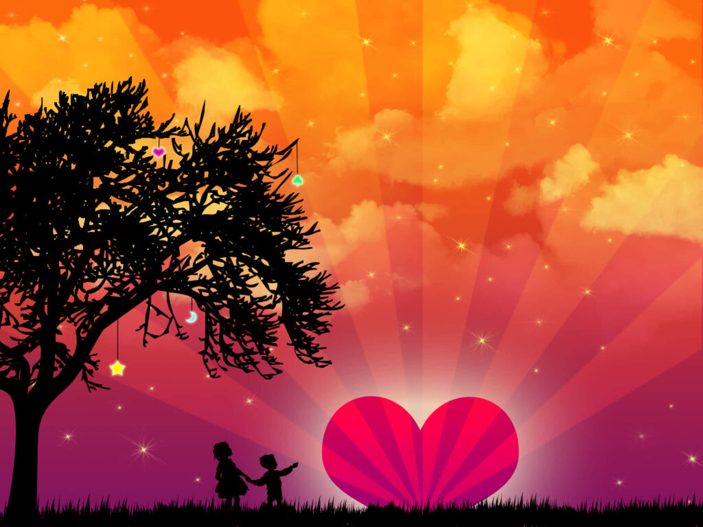 Heartfelt Kids Silhouette Wallpaper: Love & Sunset Vibes
