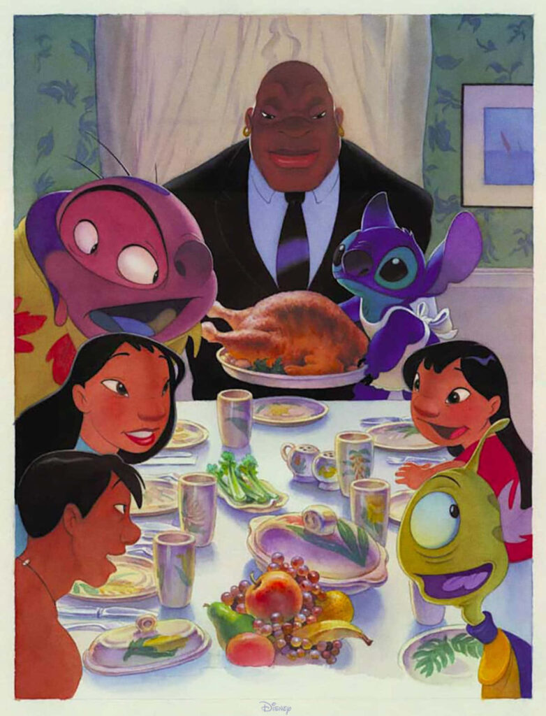 Cozy Thanksgiving Dinner with Lilo & Stitch: Heartwarming Scene Wallpaper