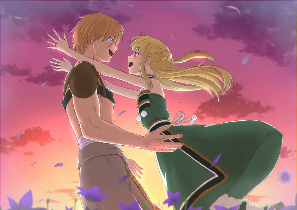 Heartwarming Shin & Rean Wallpaper: Vibrant Sunset & Blooming Flowers