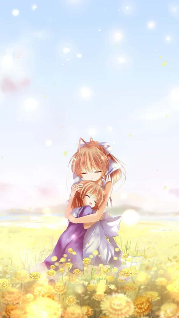 Heartwarming Embrace Wallpaper: Serene Flower Field & Blue Sky