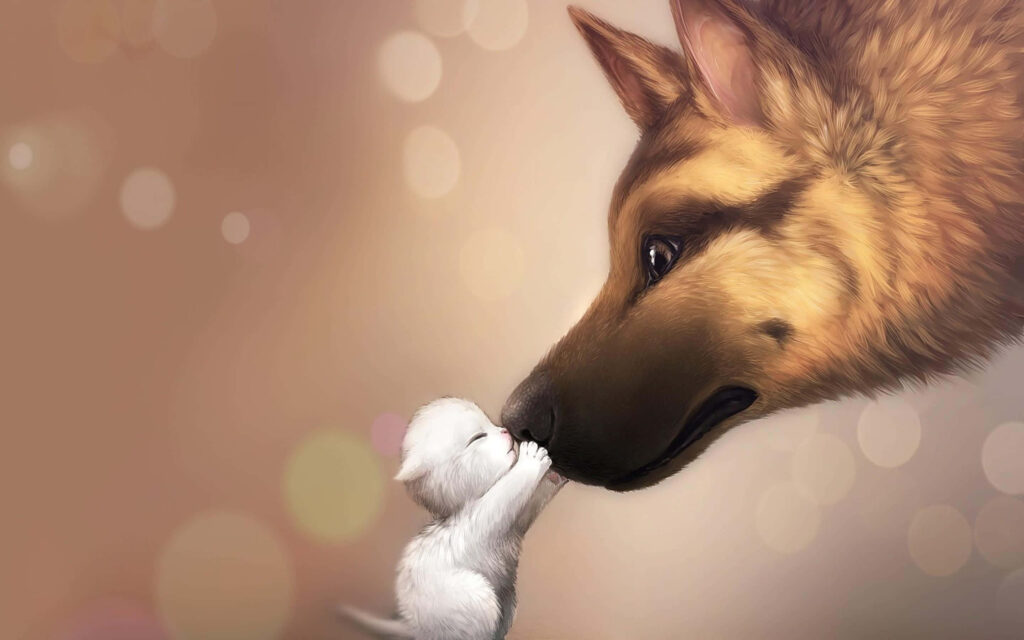 Heartwarming Wallpaper: German Shepherd & Kitten's Gentle Affection
