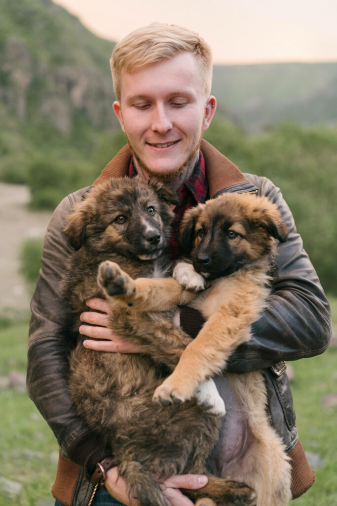 Heartwarming Wallpaper: Person with Adorable German Shepherd Puppies