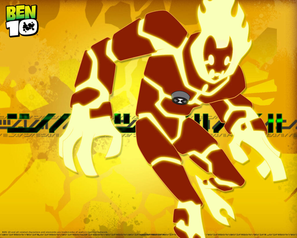 Heatblast from Ben 10 fiery form on vibrant yellow background with Ben 10 logo wallpaper