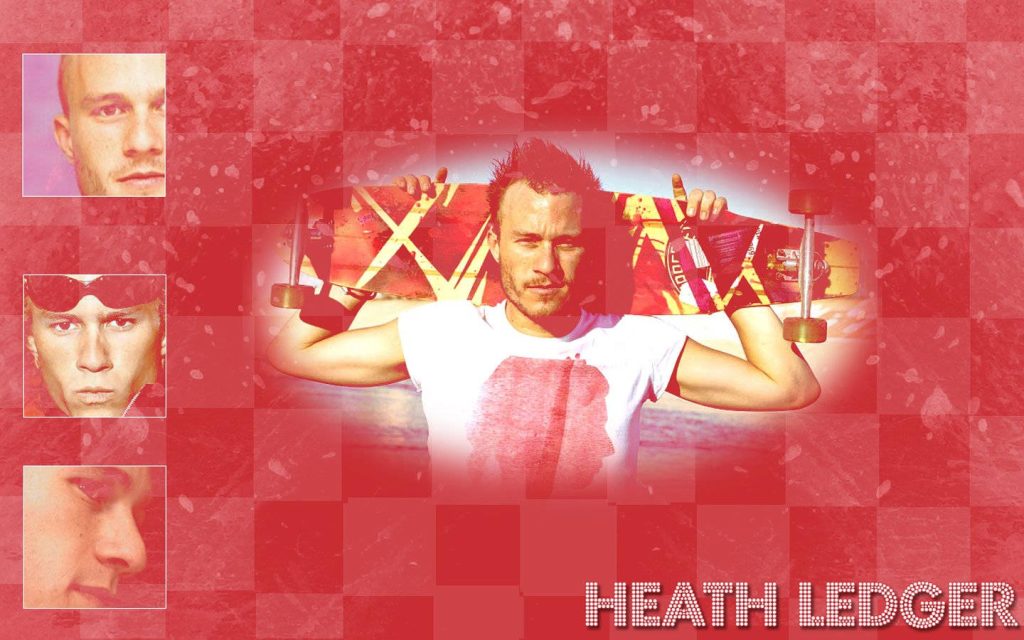 Digital art wallpaper of Heath Ledger with skateboard and portraits on red checkerboard background