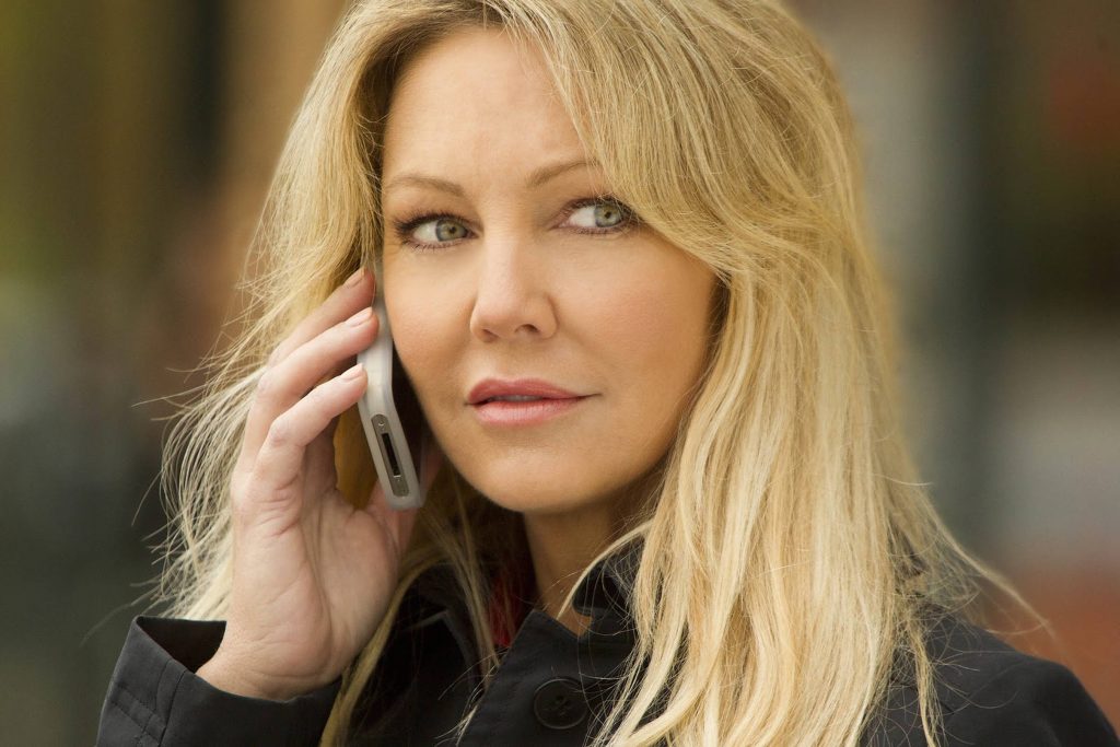 Heather Locklear portrait close-up natural light blonde hair dark coat smartphone wallpaper background