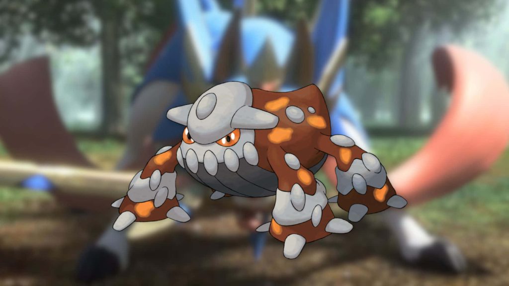 Heatran 2D digital wallpaper showing fire-steel Pokémon with metallic armor and forest background