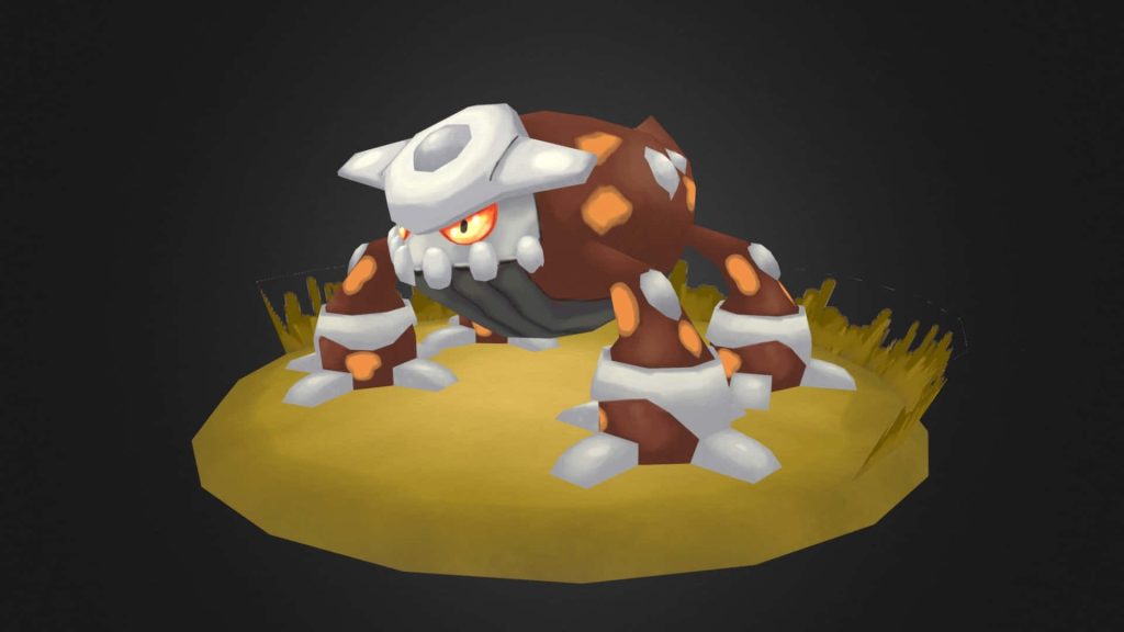 3D digital render of Heatran Pokémon on grass with dark background Fire Steel type wallpaper