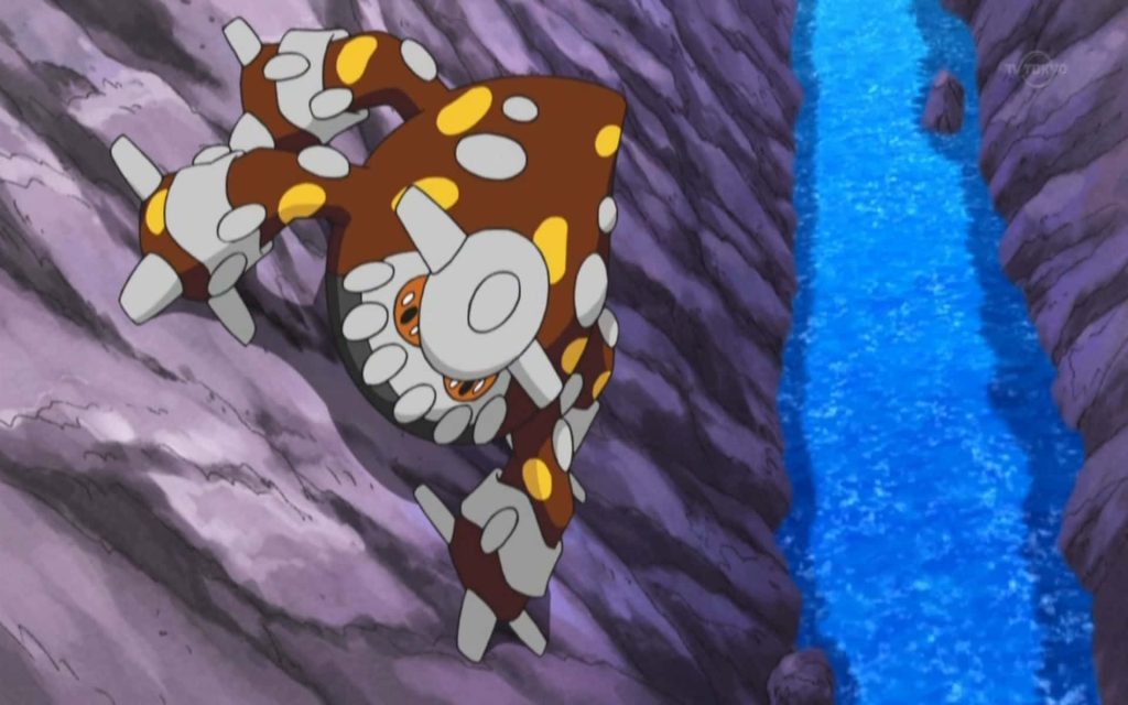 Heatran anime wallpaper on rocky cliff overlooking blue river vibrant Pokémon background