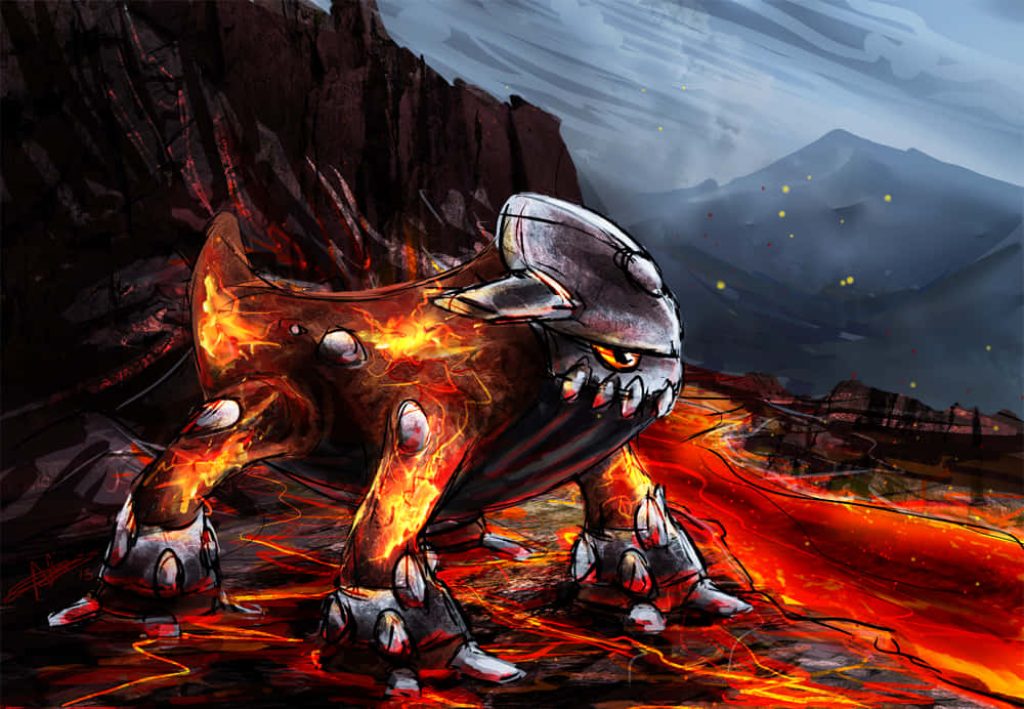 Heatran standing in fiery volcanic landscape glowing molten body fire-type Pokémon wallpaper