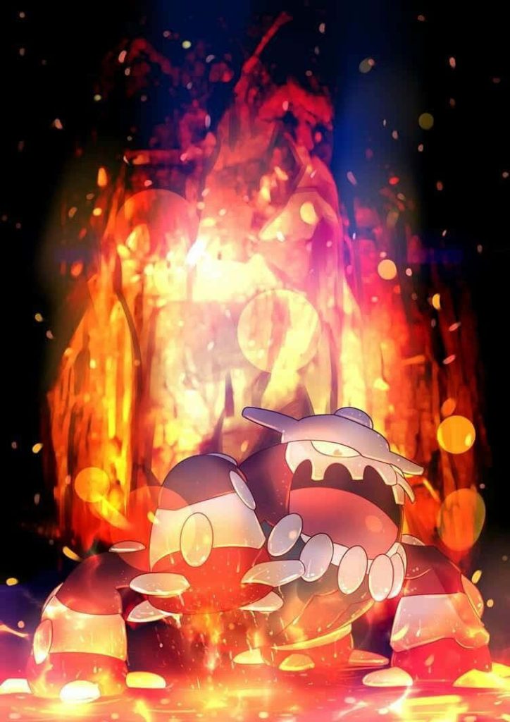 Heatran Pokémon in fiery glowing red orange backdrop digital wallpaper fire steel type intensity