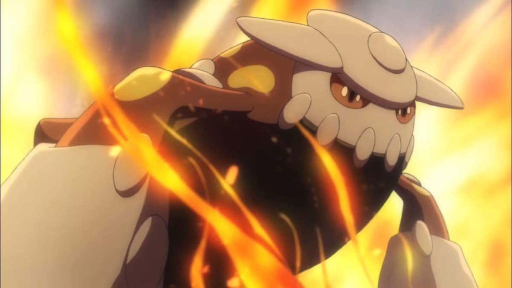 Heatran intense anime wallpaper fiery Pokémon glowing eyes metallic armor burning flames background