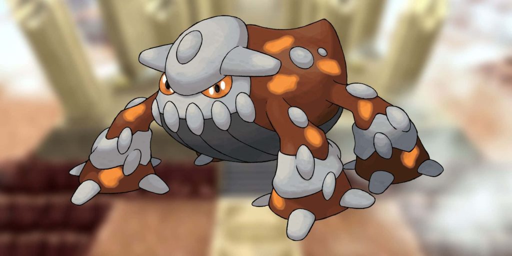 Heatran Pokémon digital art wallpaper showcasing fiery steel armor with glowing orange spots