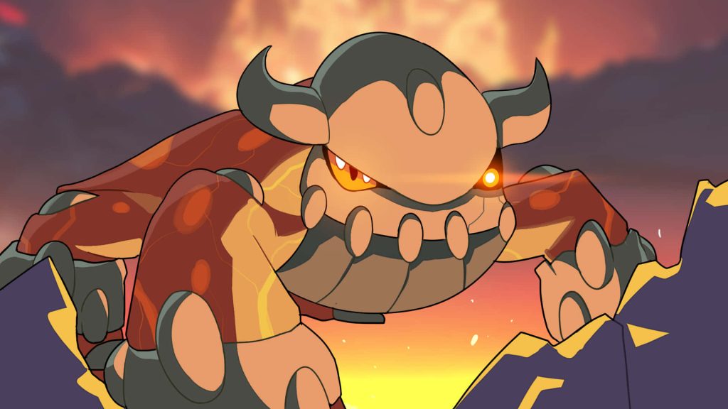 Heatran Pokémon wallpaper fiery volcanic background glowing eyes vibrant anime art desktop
