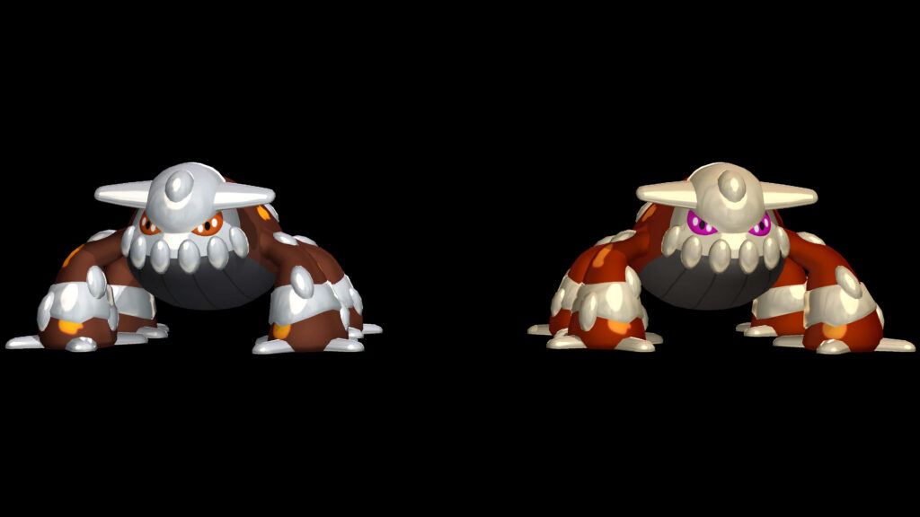 Stunning Heatran Wallpaper: Regular & Shiny Forms on Dark Background