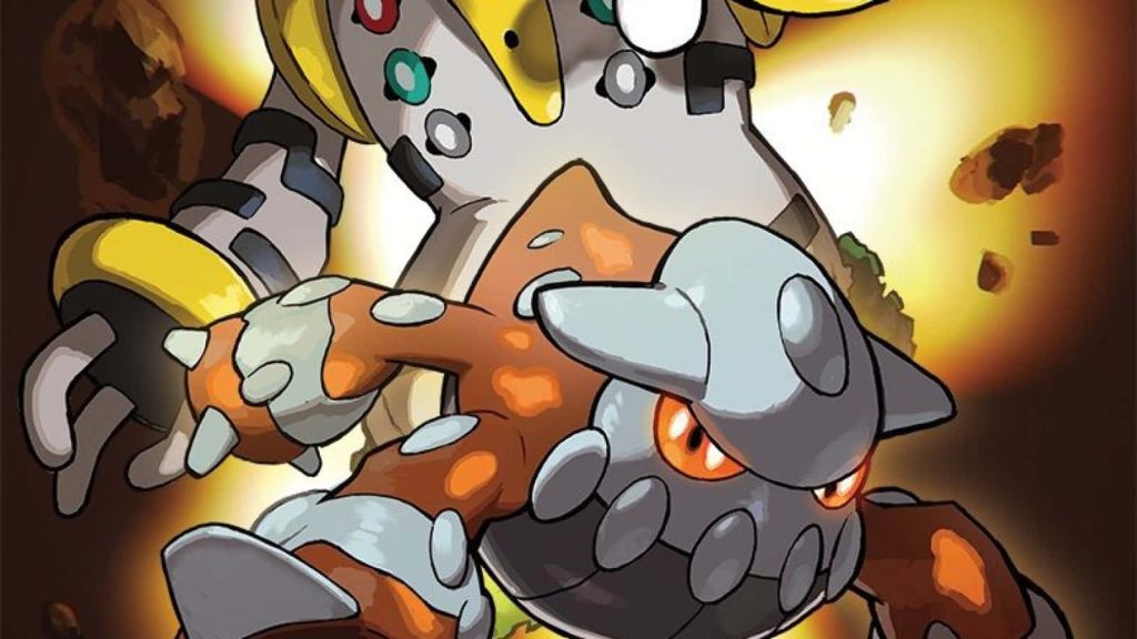 Heatran and Regigigas dynamic battle pose fiery glowing background Pokémon wallpaper