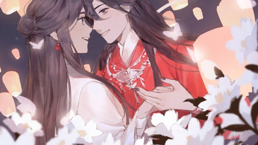 Hua Cheng and Xie Lian intimate moment with glowing lanterns and white flowers Heaven Official wallpaper