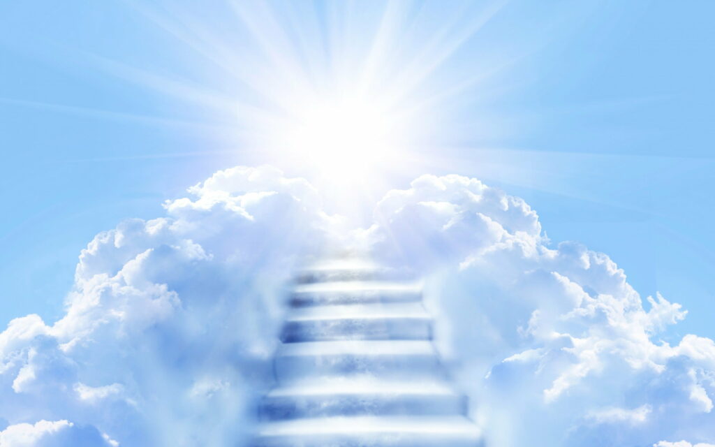 Heavenly HD Wallpaper: Sunlit Clouds & Staircase to Serenity