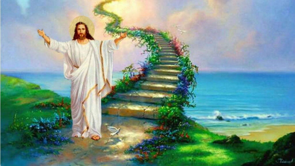 Heavenly Stairway: A Serene Jesus Ascending in HD Wallpaper