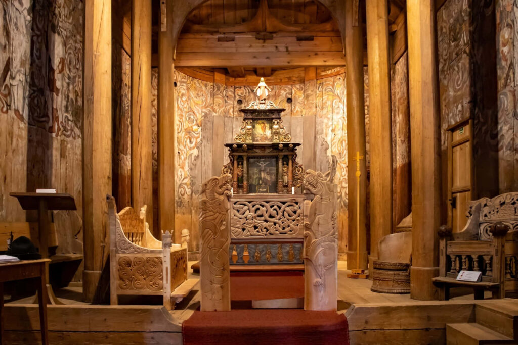 Intricate Heddal Stave Church Altar Wallpaper Background