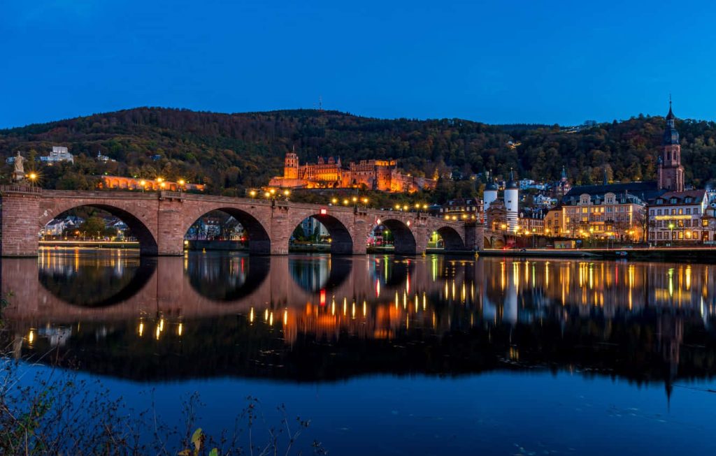 Heidelberg Blue Hour with Old Bridge and Castle Reflected in Neckar River Nightscape Wallpaper