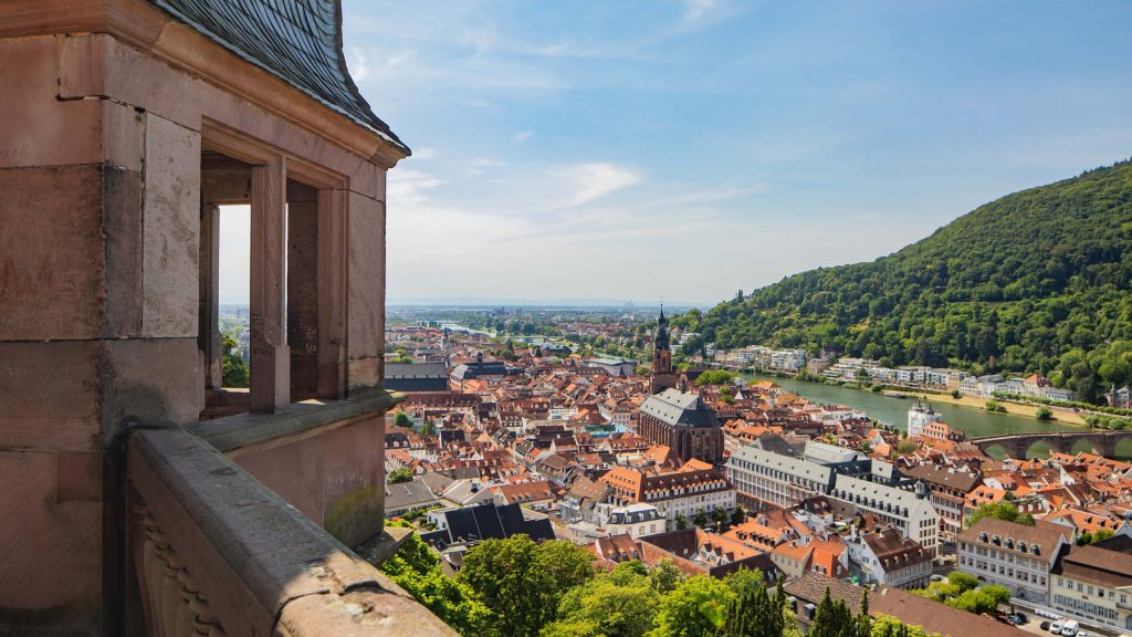 Heidelberg Castle red sandstone ruins overlooking historic cityscape Neckar River Germany Wallpaper