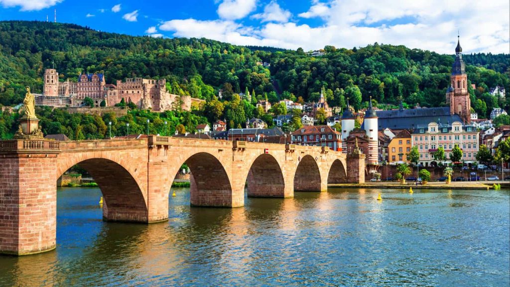 Heidelberg wallpaper showing Old Bridge Neckar River Heidelberg Castle and Church hillside