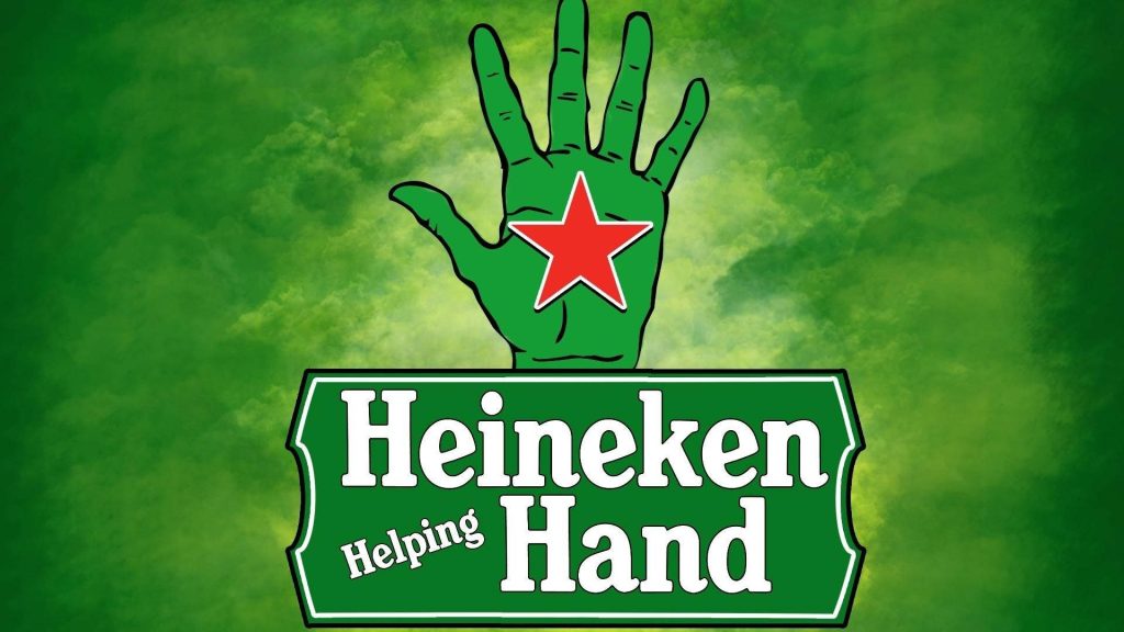 Stylized green hand with red star and Heineken Helping Hand text on textured green background wallpaper